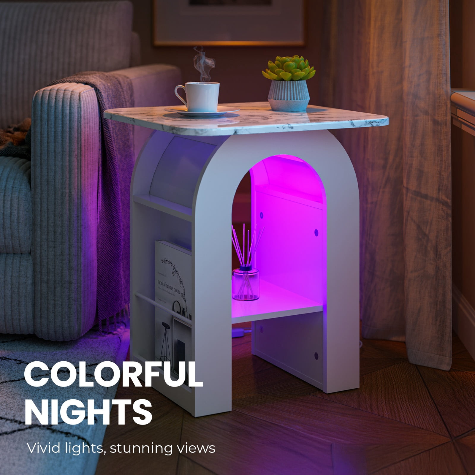 Small End Tables Living Room Set of 2 for Small Spaces, 19"W Marble Look Top Nightstand with RGB Strip, Side Table with Storage Shelf(White)