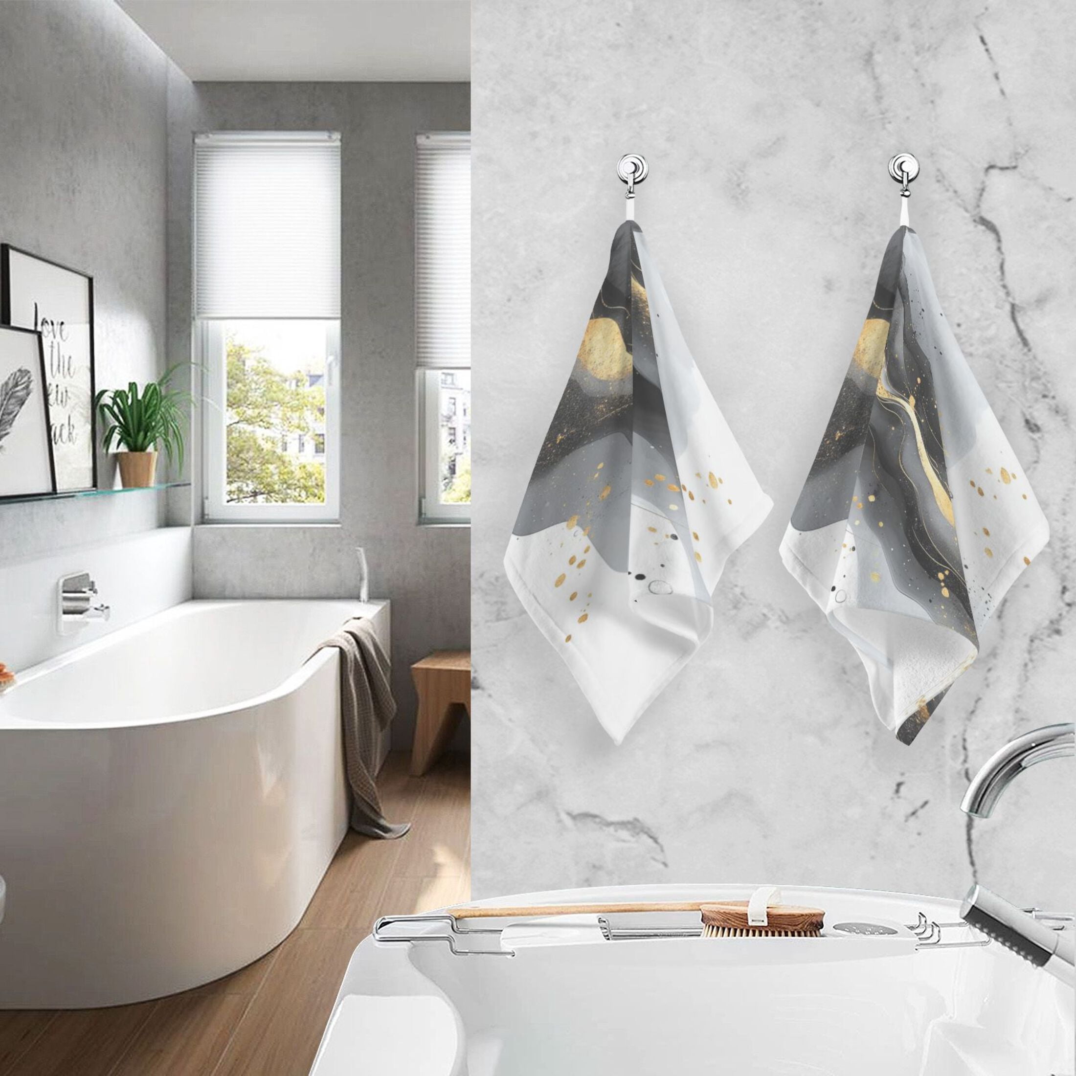 2 Pcs Absorbent Face Towel Bath Hand Towels Soft Breathable Cotton Towel Set for Bathroom Kitchen Hotel Spa Decor Black and Gold Shapes