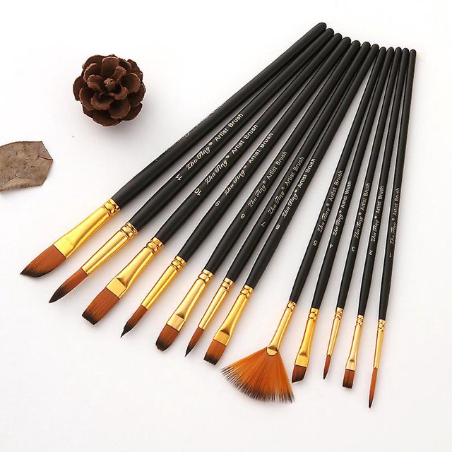 12 Pinceaux Peinture Acrylique,nylon Art Pinceaux,pinceau Fin Peinture Stylos Pointe Lisse,corps Du Stylo En Bois Convient Pour Les Peintures Acr