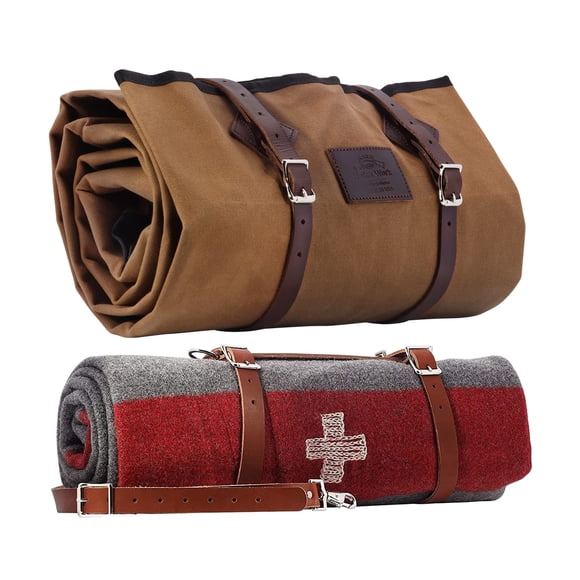 1844 Helko Werk Germany Waxed Canvas Bedroll & Swiss Army Blanket Bundle - Camping Bedroll with Leather Straps and Zipper - Waterproof Portable Bed (Blanket + Bedroll Field Tan) #F8761TB