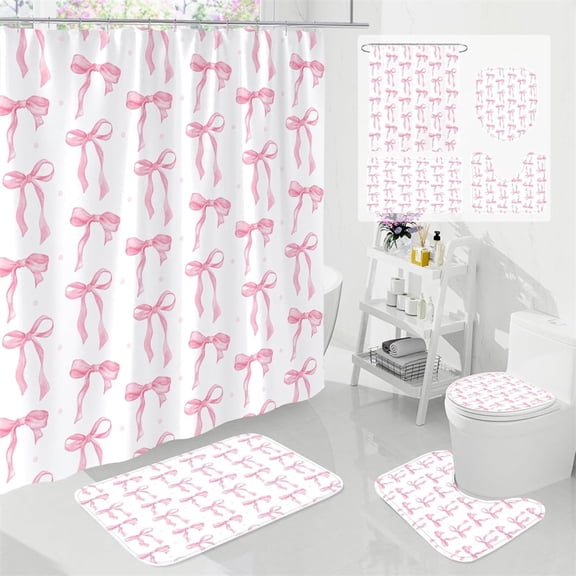 NOGIS Pink Bow Shower Curtain Sets 4 Pcs for Girls Coquette Bow Bath Curtain Set with Shower Curtain,Non-Slip Rug,Toilet Lid Cover, Bath Mat and 12 Hooks Pretty Modern Aesthetic Bathroom Decor