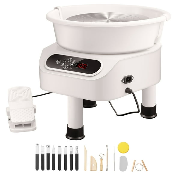 KFFKFF Pottery Wheel, 10 inch Clay Molding Device, 350W Electric Pottery Wheel with 3 Sturdy Legs for Art Creation, Includes Foot Pedal and LCD Touch Screen, White