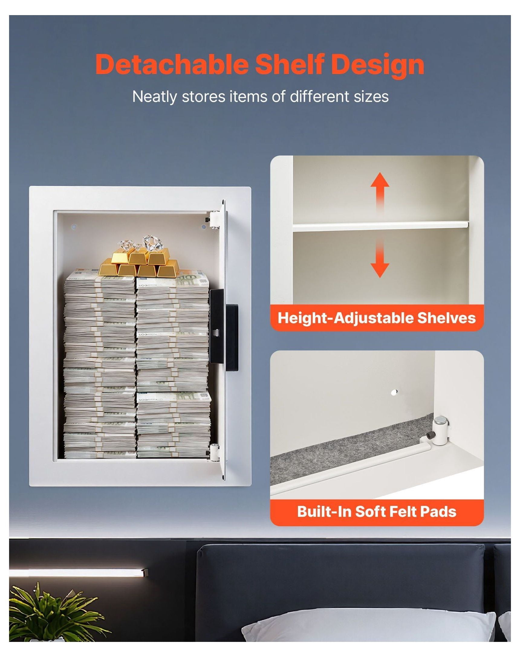Wall Safe 0.83 sq ft Hidden Safe with Password & Key, In-Wall Box for Money Jewelry Passport