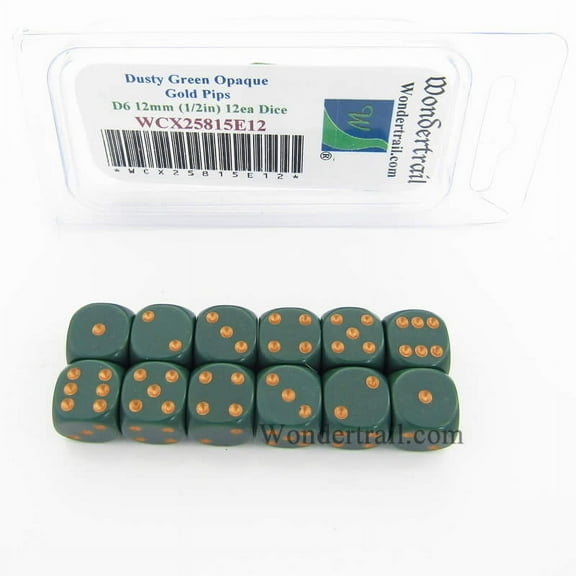 Dusty Green Dice with Gold Pips D6 12mm (1/2in) Pack of 12 Wondertrail