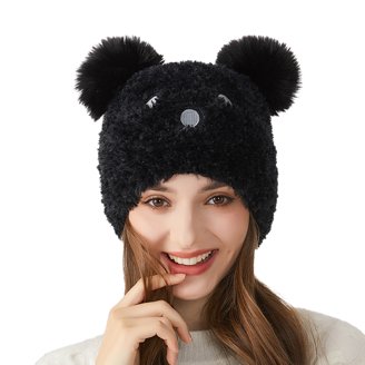 Women Black Winter Beanie Hats Knit Ear Flaps Cute Stuffed Bear Ears Fleece Women Winter Beanie Hats Knit Ear Flaps Cute Stuffed Bear  main image 4