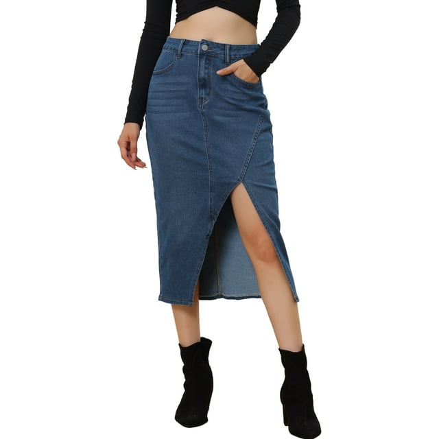 Falda Vaquera para Mujer Falda Informal de Talle Alto con Abertura Frontal Azul M