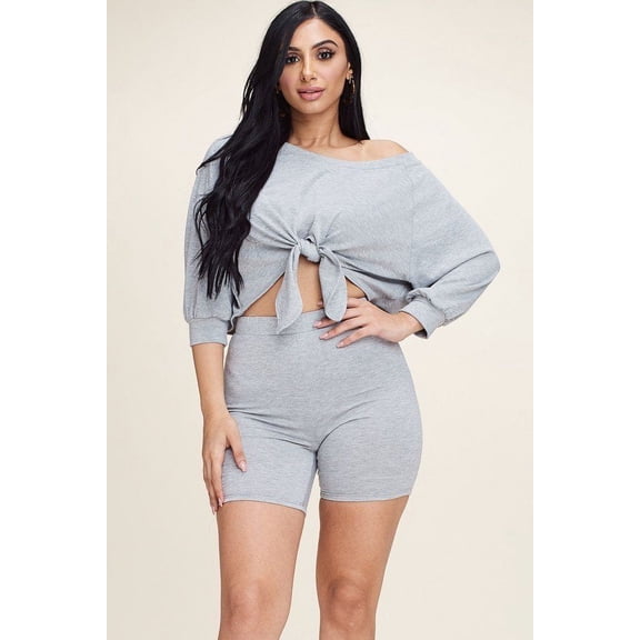Solid French Terry Tie Front Off The Shoulder Slouchy Top And Shorts Two Piece Set