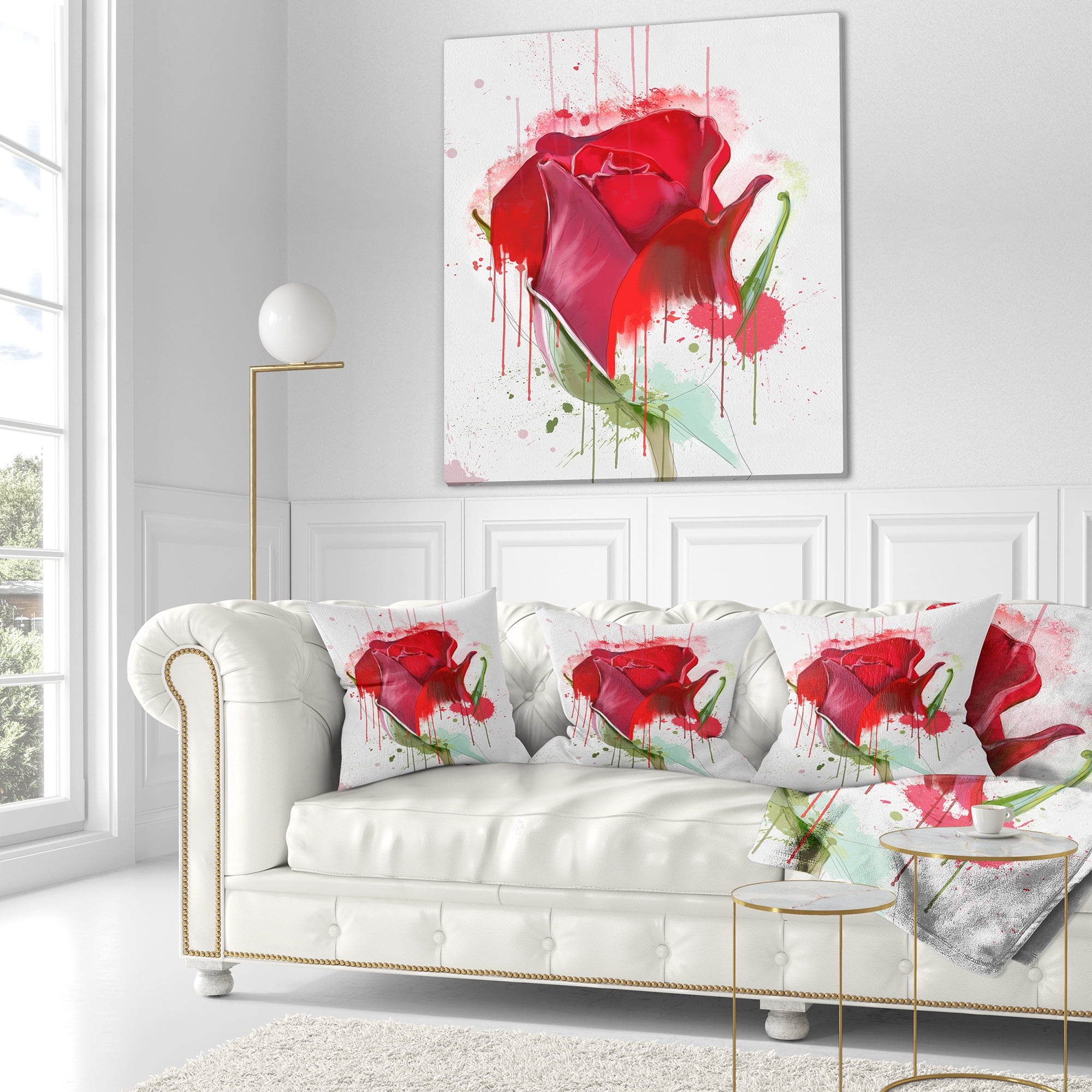 Designart Colorful Red Rose Sketch Watercolor - Floral Throw Pillow - 16x16