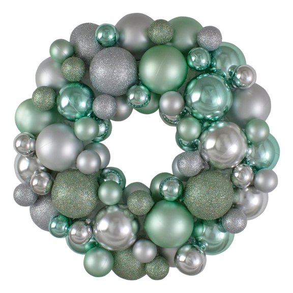 Northlight Silver and Seafoam Green 3-Finish Shatterproof Ball Christmas Wreath - Unlit 13"