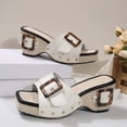 thumbnail image 4 of Wedge Sandals for Women Retro Buckle Studded Slip on Slides Shoes Square Open Toe Platform Summer Beach Shoes White Size 8, 4 of 6