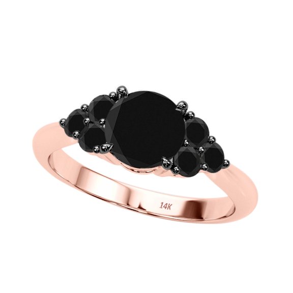 1.50 Carat Natural Black Diamond Black Rhodium Plated Engagement Rings For Women In 14K Solid Rose White Yellow Gold