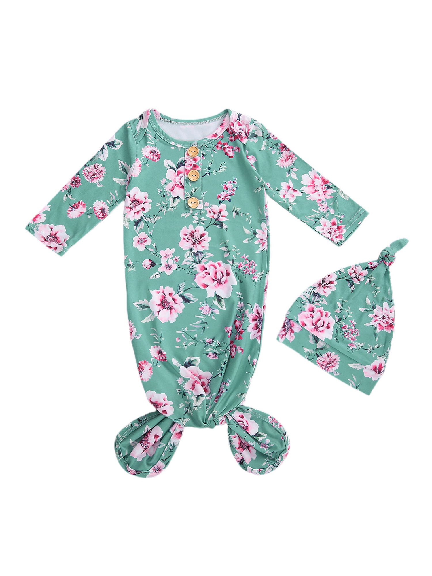 2Pcs Newborn Infant Baby Girls Boy Floral Print Pajamas Gown Swaddle Outfits 
