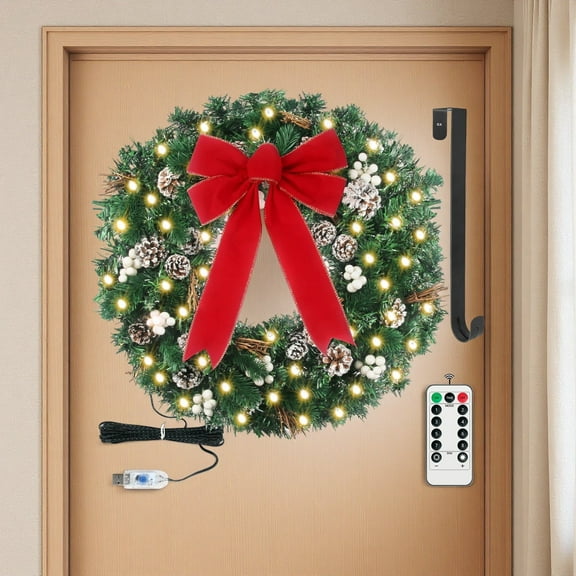 24 Inch Lighted Artificial Christmas Wreath, Timer Function LED with White Pine Cones & Berries & Hanger, Easy Setup with Hanger