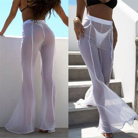 Women Mesh Sheer Cover Up Wide Leg Pants See Through Flared Trousers