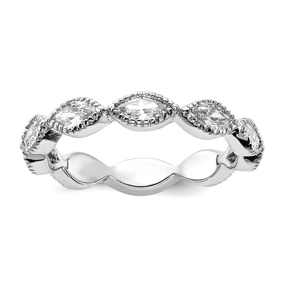 3mm 925 Sterling Silver Rhodium Plated Polished Beaded Navette Cubic Zirconia Ring Size 8 Ring for Women