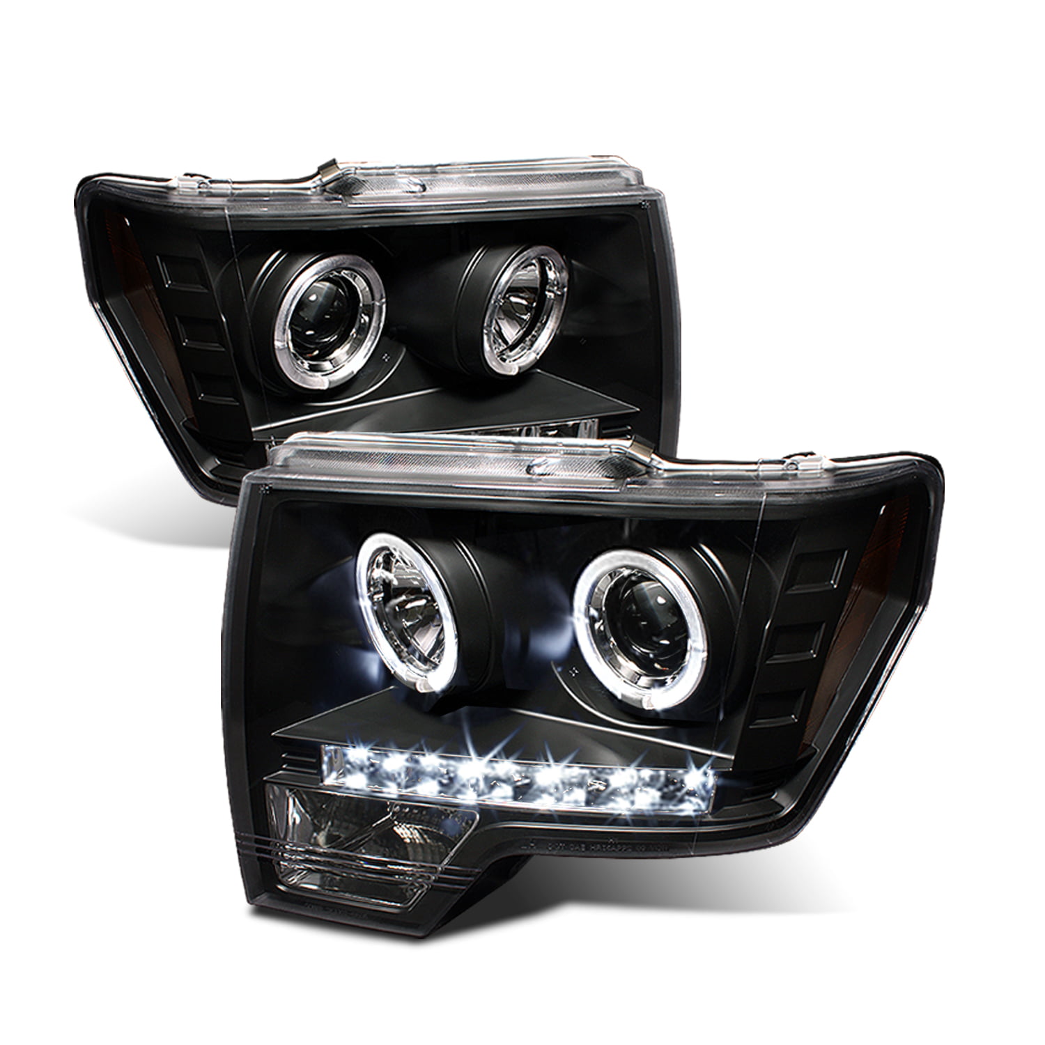 Tail Lamp Set For Ford F150 F-150 Pickup Black Bezel Dual Halo LED G2 Projector Headlights