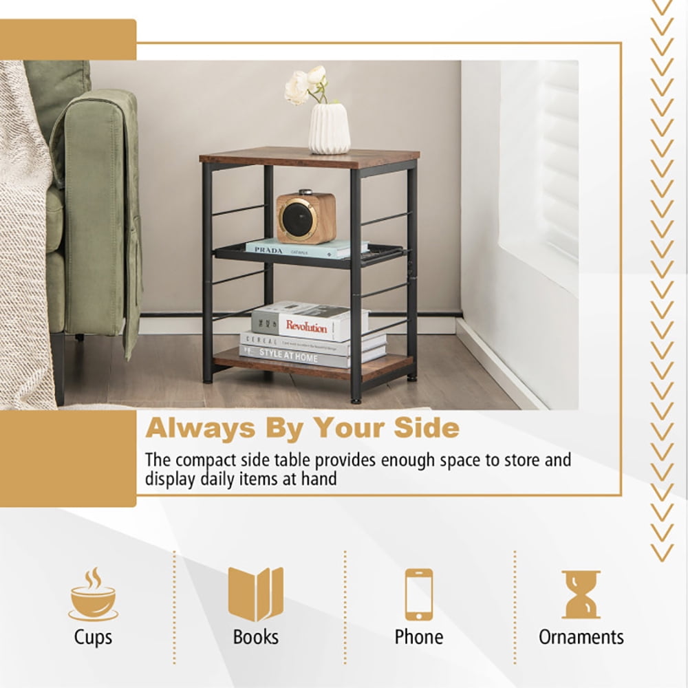 Finihen End Table, 3-Tier Industrial Side Table with Adjustable Mesh Shelf, Sofa Side Table, Bed Side Table, for Living Room, Bedroom, Rustic Brown Finihen End Table, 3-Tier Industrial Side Table with Adjustable Mesh Shelf, Sofa Side Table, Bed Side Table, for Living Room, Bedroom, Rustic Brown