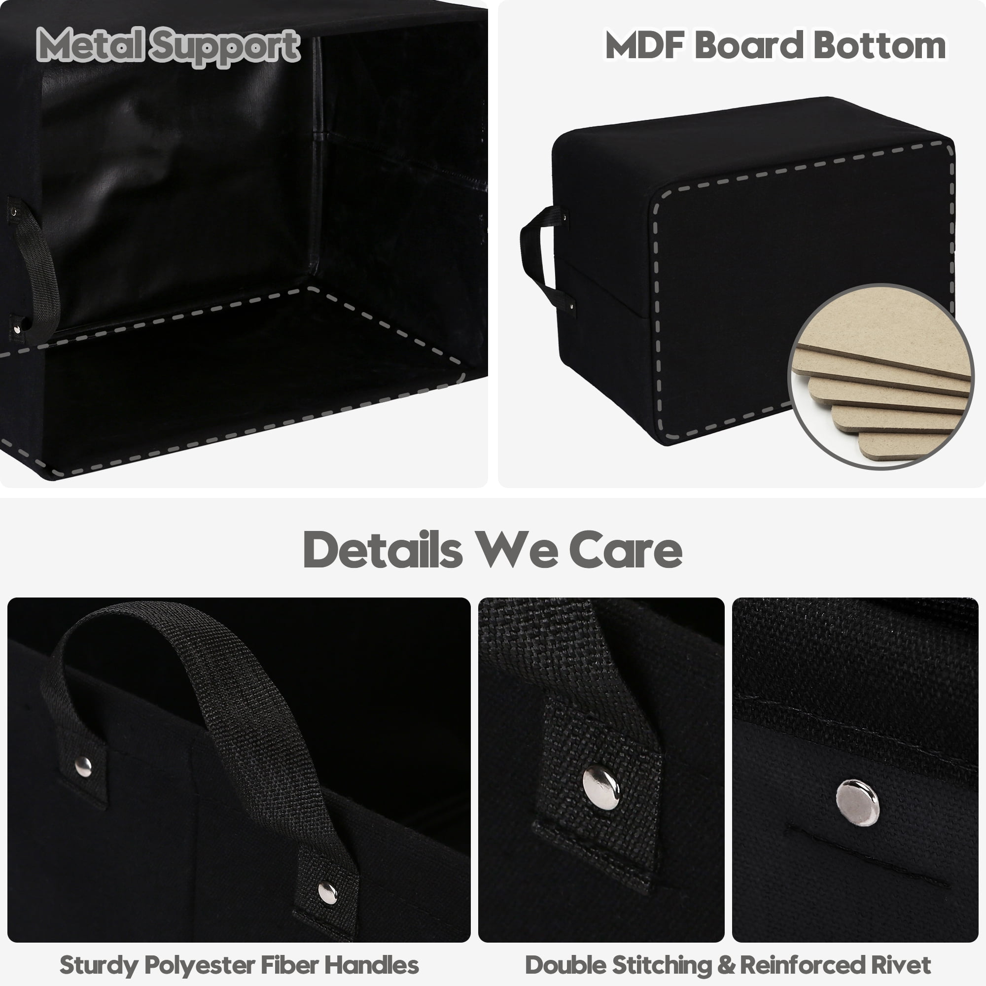Sea Team 2-Pack Large Canvas Storage Bins for Shelves with Metal Frame, Rectangle Storage Baskets, Closet Organizers, Foldable Laundry Hampers, Containers for Clothing, Blankets, Toys, Black