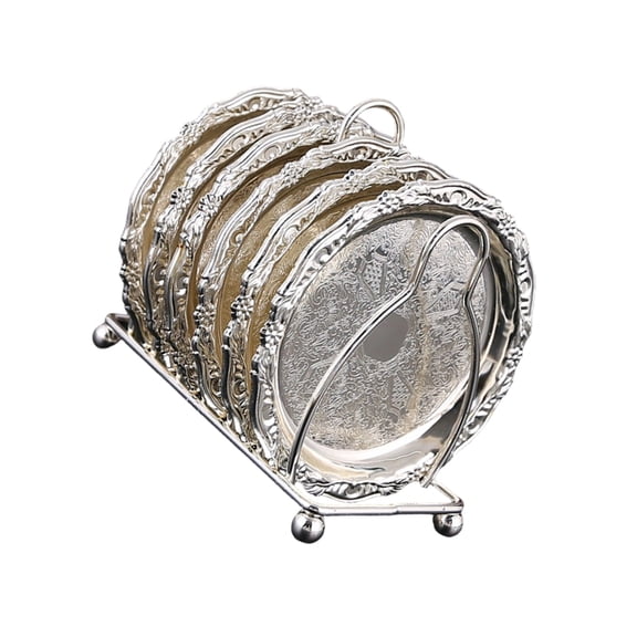 7829 6 Piece Alloy Snacks Trays Drink Coasters With Display Holder Stand For Coffee Dessert And Fruits In Homes Or Cafes
