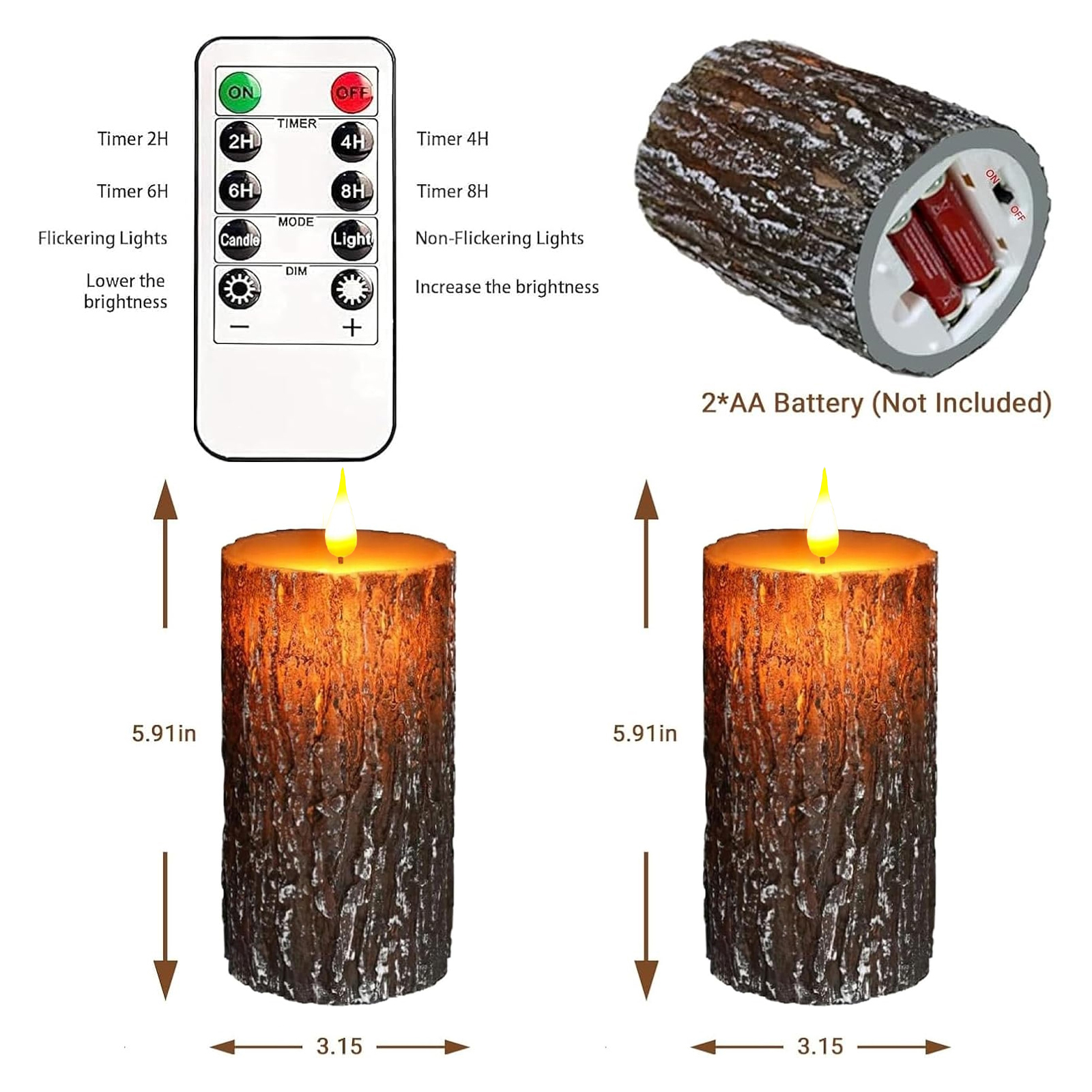 Flameless Candles Lights, Set of 2 6"x3" Pine Bark Flickering LED Candles with Remote & Timer, Dimmable Pillar Candles Battery Operated, Real Wax Electric Candles for Christmas Winter Home Decor