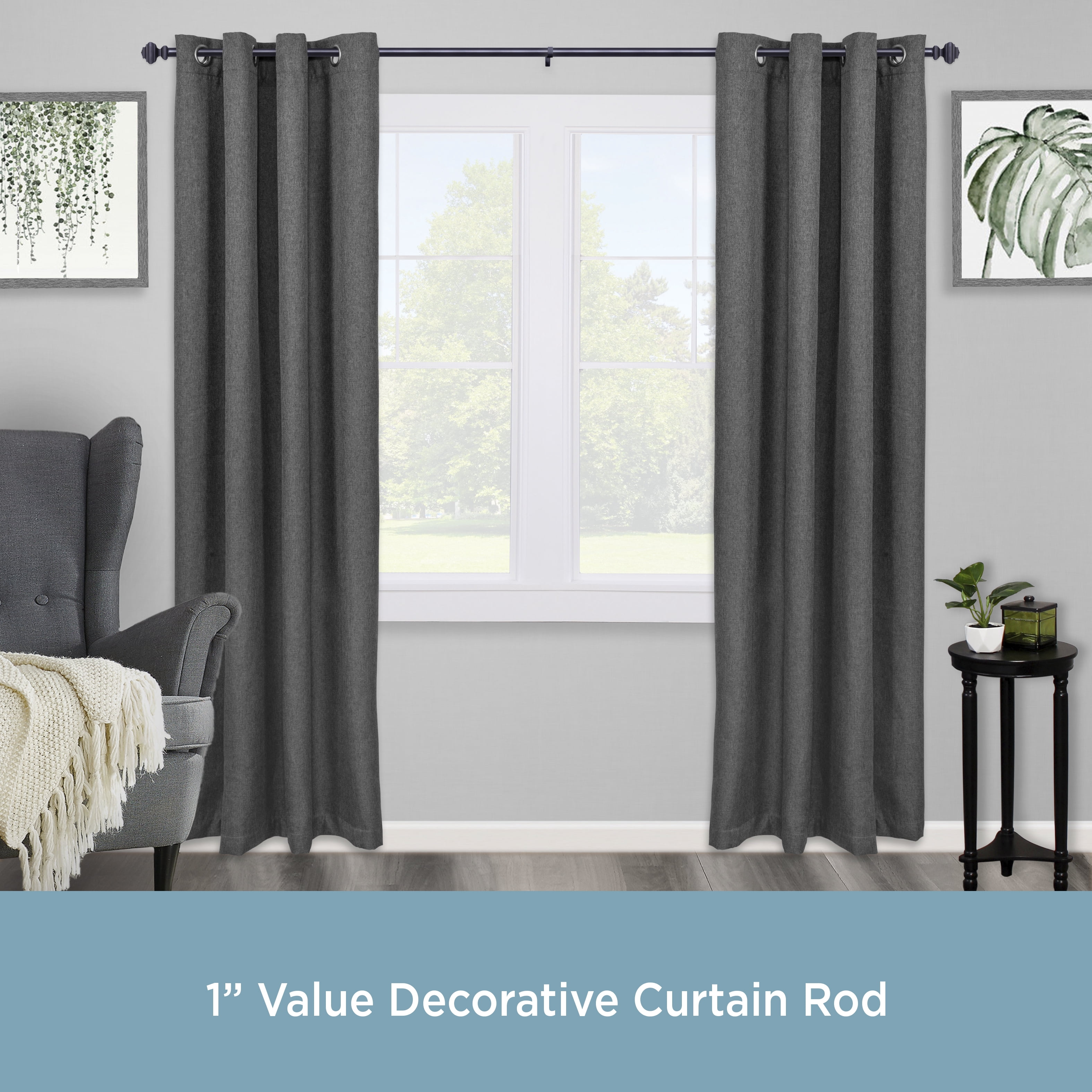 Kenney Byron 30-84" Value Decorative Steel Adjustable Curtain Rod, 1" Dia., Black