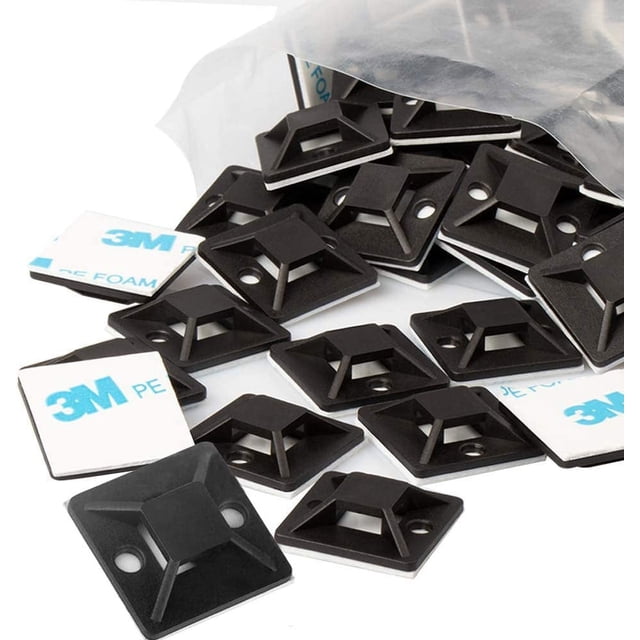 Soportes para bridas - Soporte adhesivo pequeño para bridas de cables, 19 mm (3/4"), negro, 100 unidades. Anclajes adhesivos para bridas de cables, ideales para la gestión de cables de pedaleras en