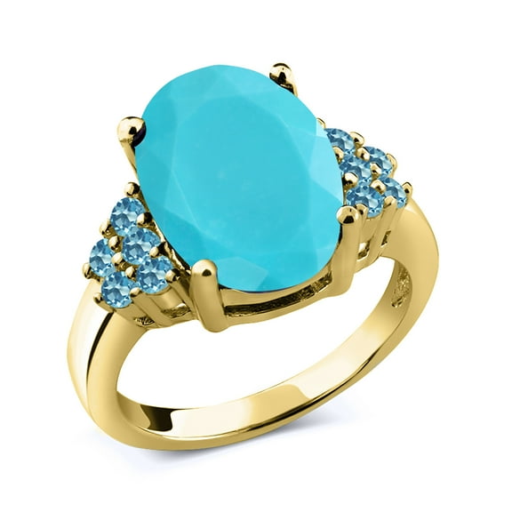 Gem Stone King 3.31 Ct Oval Green Turquoise Swiss Blue Topaz 18K Yellow Gold Plated Silver Ring (Size 8)