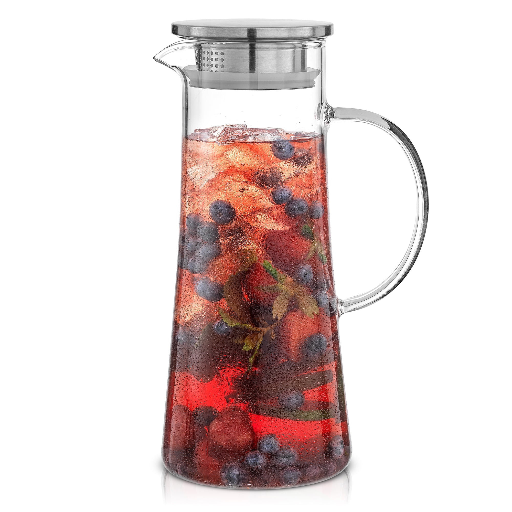 JoyJolt Breeze Glass Pitcher with Stainless Steel Lid and Spout, with Handle, for Water, Juice, Tea, Milk