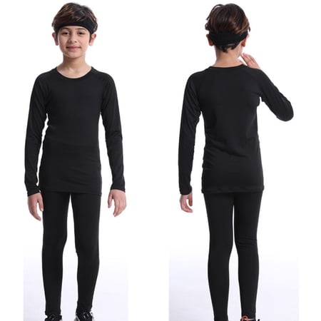Kids Compression Training Suit Boys Thermal Base Layer Set with Fleece Lining Slim Fit Athletic Wear for Cold Weather Sports Soccer Skiing and Basketball Activities Black