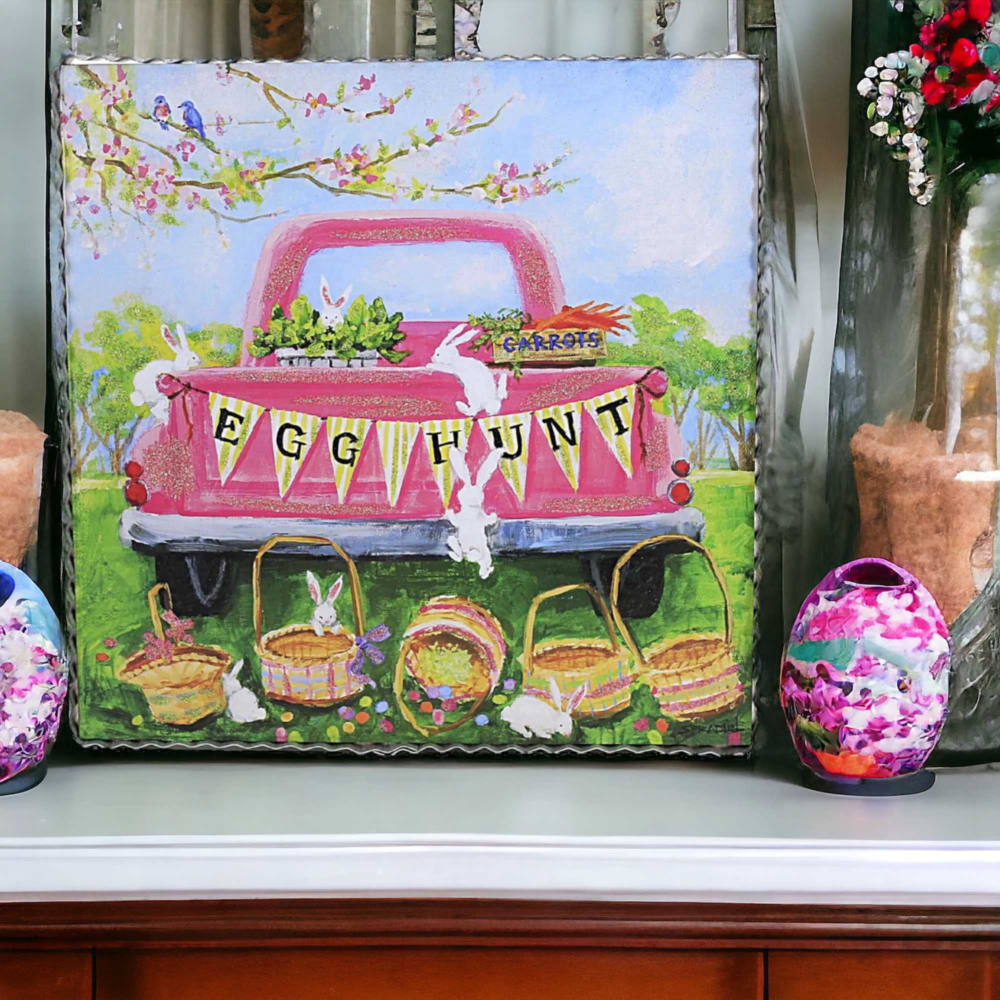 Round Top Collection Egg Hunt Print Wood Easter Bunny Truck Baskets E22069
