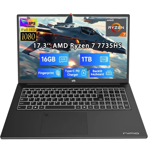 17.3" New Business Laptop, AMD Ryzen 7 7735HS (8C/16T), 16GB RAM 1TB NVMe SSD, Radeon 680M for Light Gaming, PD 100W Type-C WiFi-6E BT5.2 Fingerprint Unlock Backlit Keyboard for Working & Student
