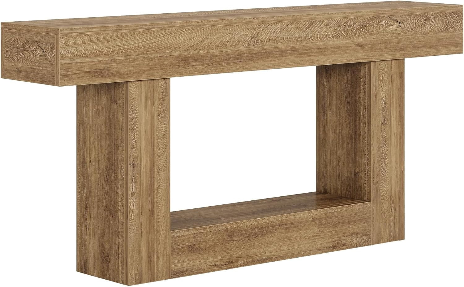 63" Farmhouse 2-Tier Console Table, U-Shaped Base Entryway Table, Narrow Wood Sofa Table Behind Couch for Living Room & Hallway (Light Brown)