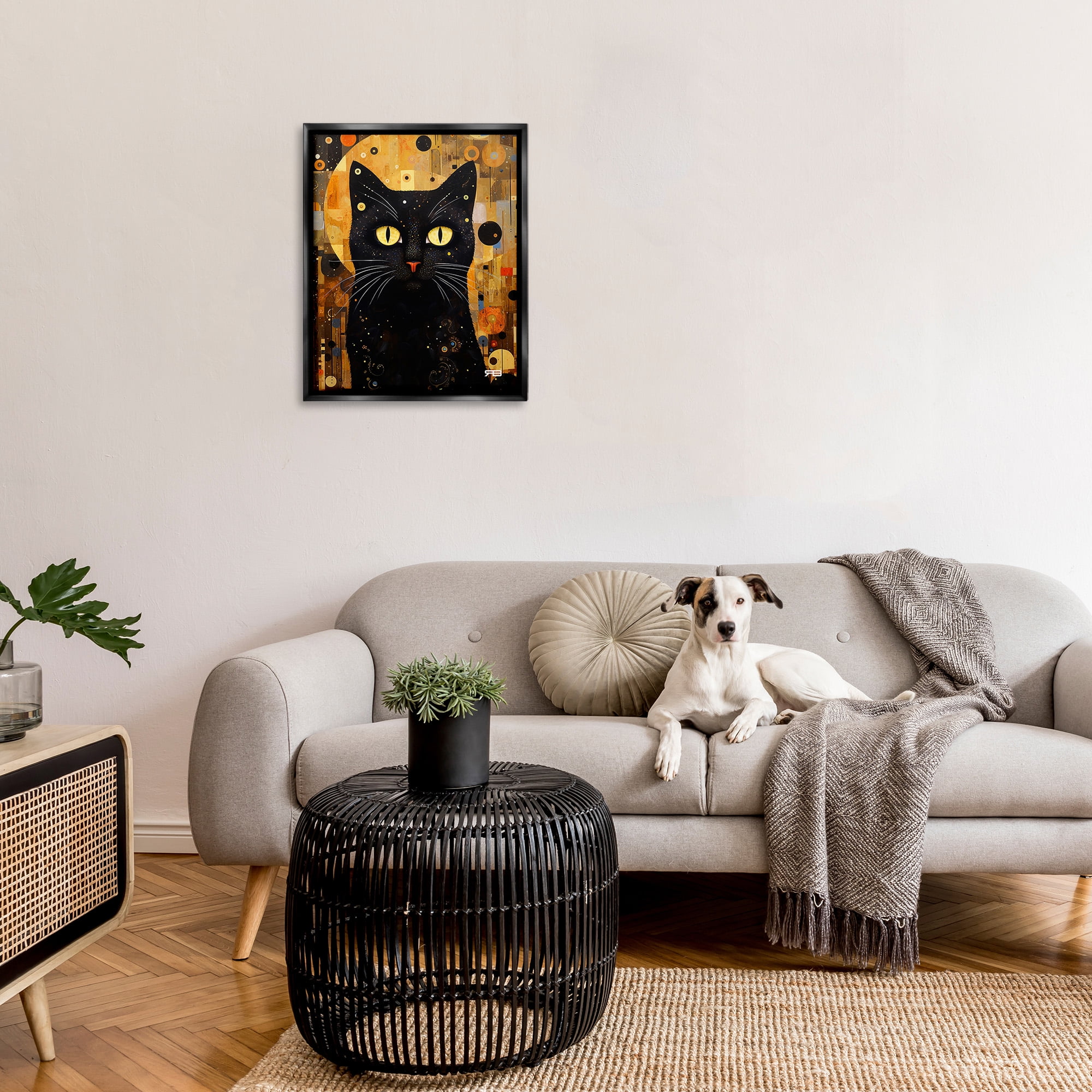 Stupell Industries Black Cat with Modern Pattern Animals & Insects Painting Black Floater Framed Canvas Art Print Wall Art, 25 x 31