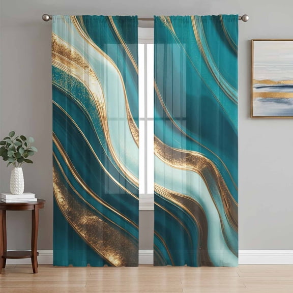 Teal Marble Sheer Curtains 96 Inch Length 2 Panels Set, Modern Abstract Gold Fluid Art Voile Window Treatment Semi Sheer Long Curtains Drapes for Bedroom/Living Room/Kitchen 52"x96"x2
