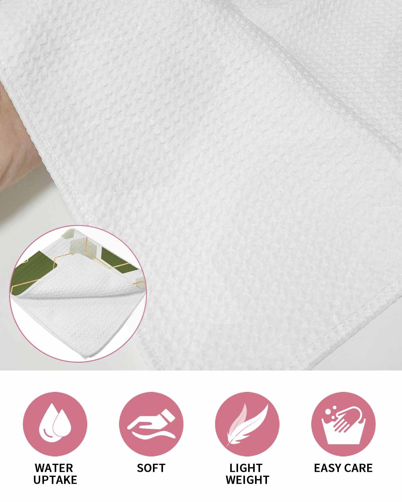 Sage Green Marble Kitchen Dish Towels for Drying Dishes Set of 2, Gold White Geometric Hexagon Modern Waffle Weave Microfiber Hand Tea Bathroom Towels Quick Dry & Absorbent Towel 15.7x23.6