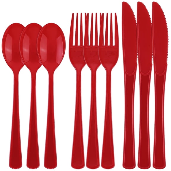 Kochorie 300 Pieces Red Plastic Silverware, Heavy Duty Disposable Utensils with Forks Spoons Knives, Cutlery for Graduation Wedding Party