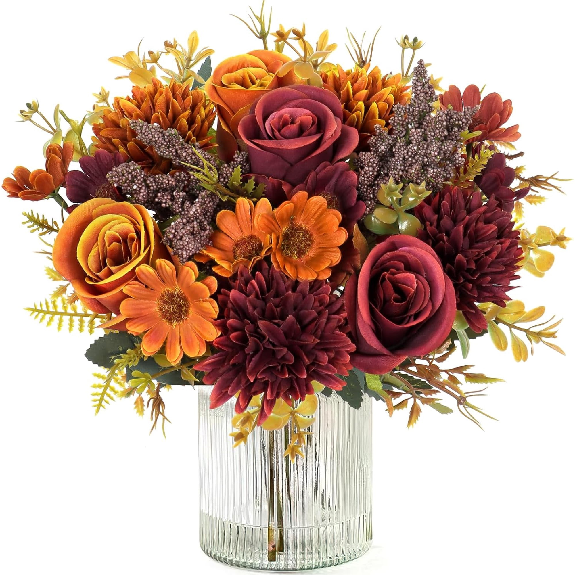 Dremisland Artificial Flowers Like Real Artificial Bouquet 2 Packs Silk Artificial Roses Bouquet with Daisy Chrysanthemum Pink Flowers