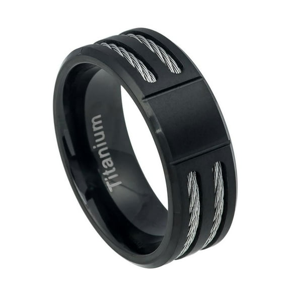 8MM Comfort Fit Titanium Wedding Band Brushed Black Beveled Edge Double Cable Inlay Titanium Ring (Size 6 to 12)