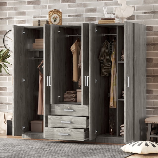 MODERNLUXE 6 Door Wooden Wardrobe Closet with 3 Drawers,Clothing Storage Cabinet Organizer with Hanging Rod and Shelves,Freestanding Armoire Closet for Bedroom,Gray