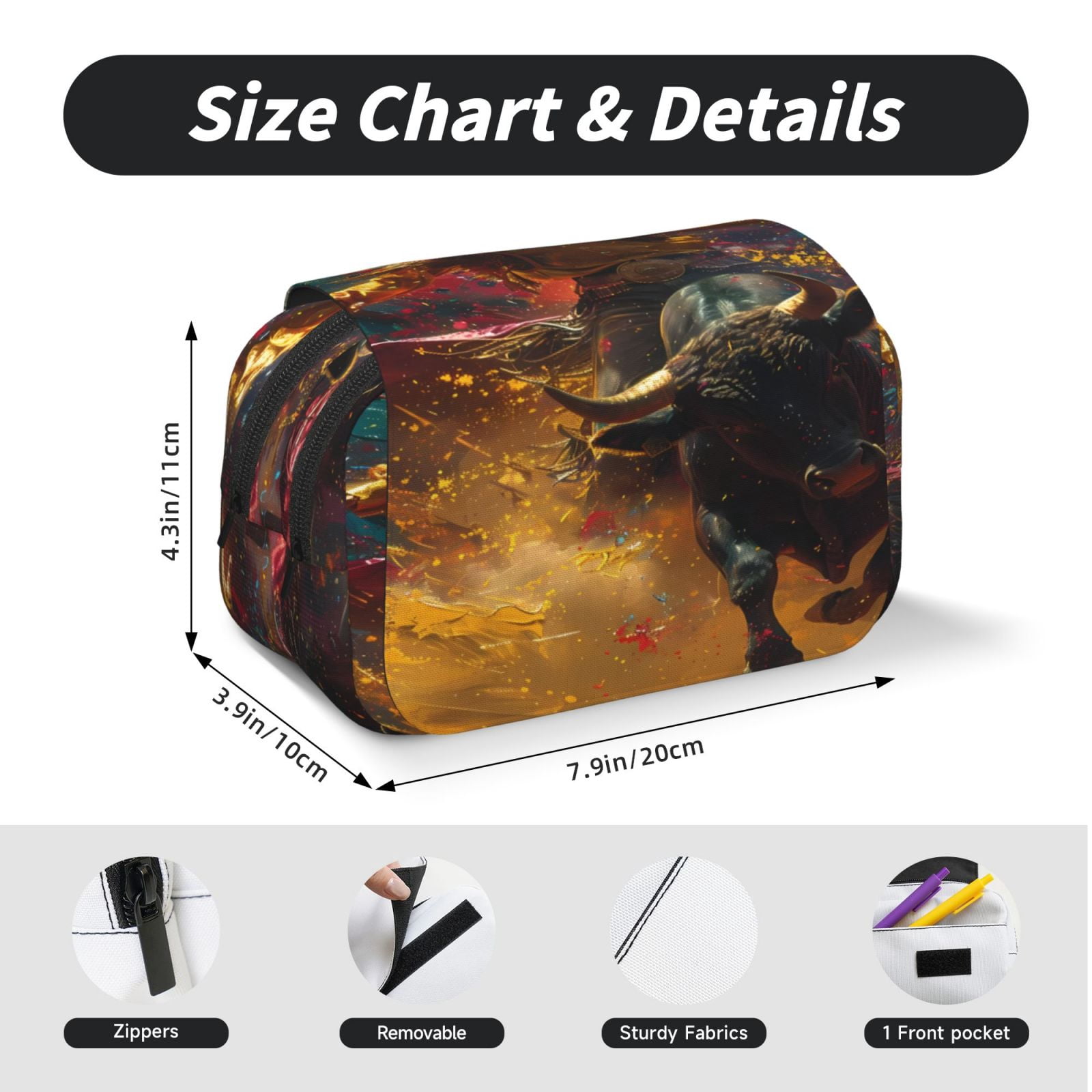 Rateoe Colorful Bull Western Man Pattern Double Clamshell Pen Case, Storage Organizer with Two Zipper Compartments– Holds Up to 50 Pencils & Pens