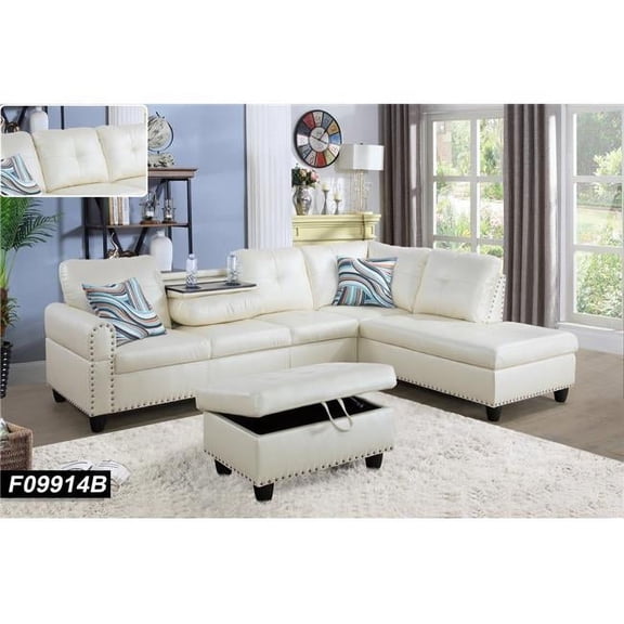 Beverly Fine Funiture F09914B Sectional Couch Sofa Set with Ottoman Right Facing Build-in Coffee Table White Faux Leather - 3 Piece