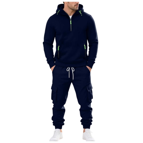 Ketyyh-chn99 Men's 2 Piece Sweat Suits Men's Loose Fitting Multiple Pockets Fleece Lined Hooded SweaCargo Pants Sportswear Casual Suit Size for L,Navy