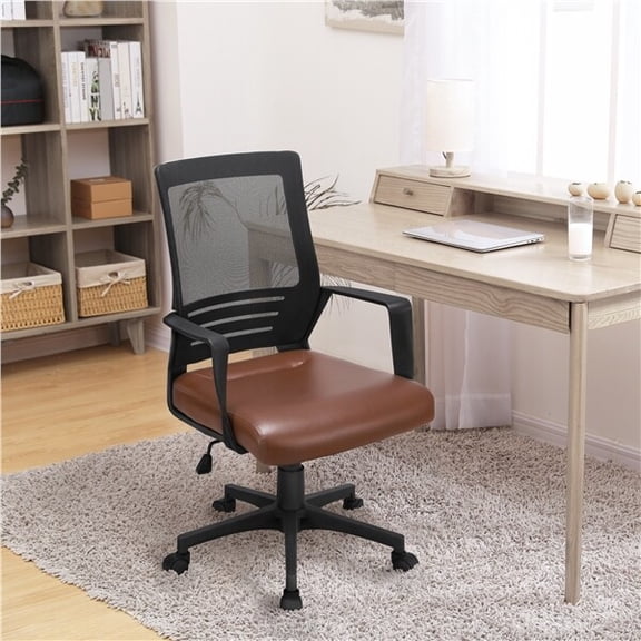 LINJH Mesh Office Chair with Leather Seat, Ergonomic Rolling Computer Desk Chair Brown