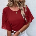 thumbnail image 3 of Women Round Neck Top Half Petal Sleeves Lace Stitching Loose Type Casual T Shirt for Summer Wine Red XL, 3 of 6
