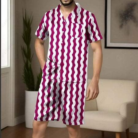 Mens Satin Pajama Sets with Pockets Lightweight 2 Piece Loungewear Outfits Stripe Printed Short Sleeve Shirts and Shorts Sleepwear Set
