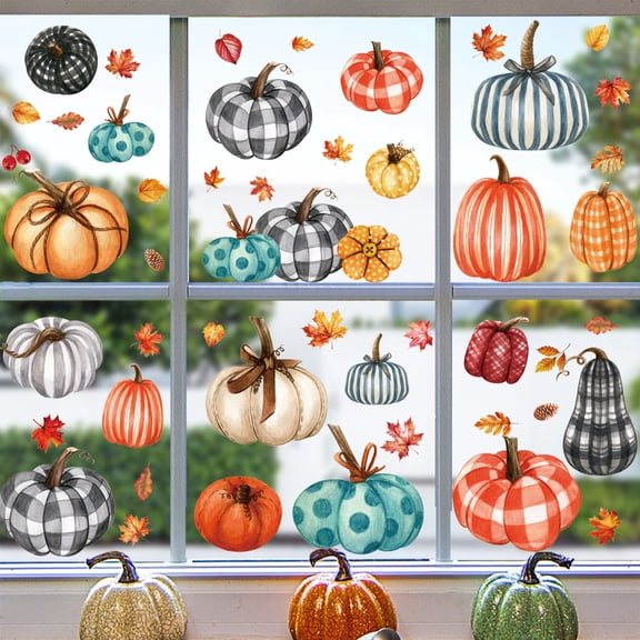Thanksgiving Pumpkin Window Clings Static Stickers, 9 Sheets Fall Watercolor Buffalo Plaid Pumpkin & Maple Leaf Glass Window Decals for Autumn Harvest Home Decor