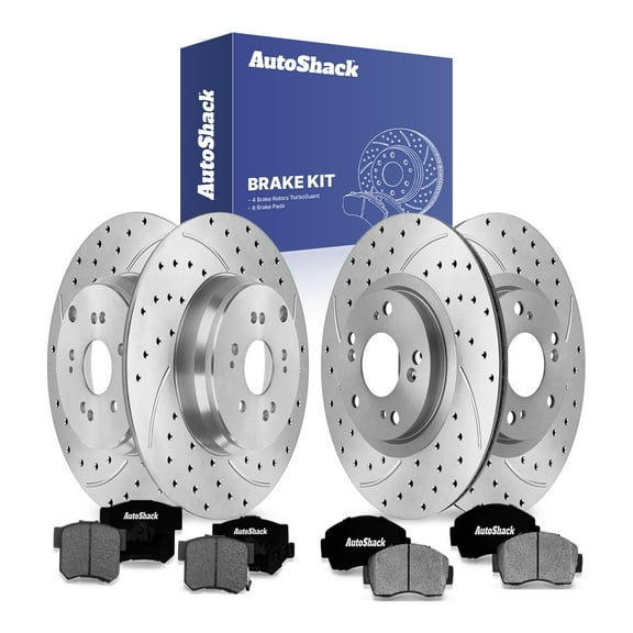 AutoShack Front & Rear Drilled & Slotted Brake Rotors Ceramic Brake Pads | Replacement for 2012-2013 Honda CR-V 2.4L AWD | Silver Matte Finish | 12-PC Brake Kit | TurboGuard