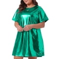 thumbnail image 2 of DARING DIVA Plus Size Metallic Round Neck Short Sleeve Mini Dress 2X Green, 2 of 6