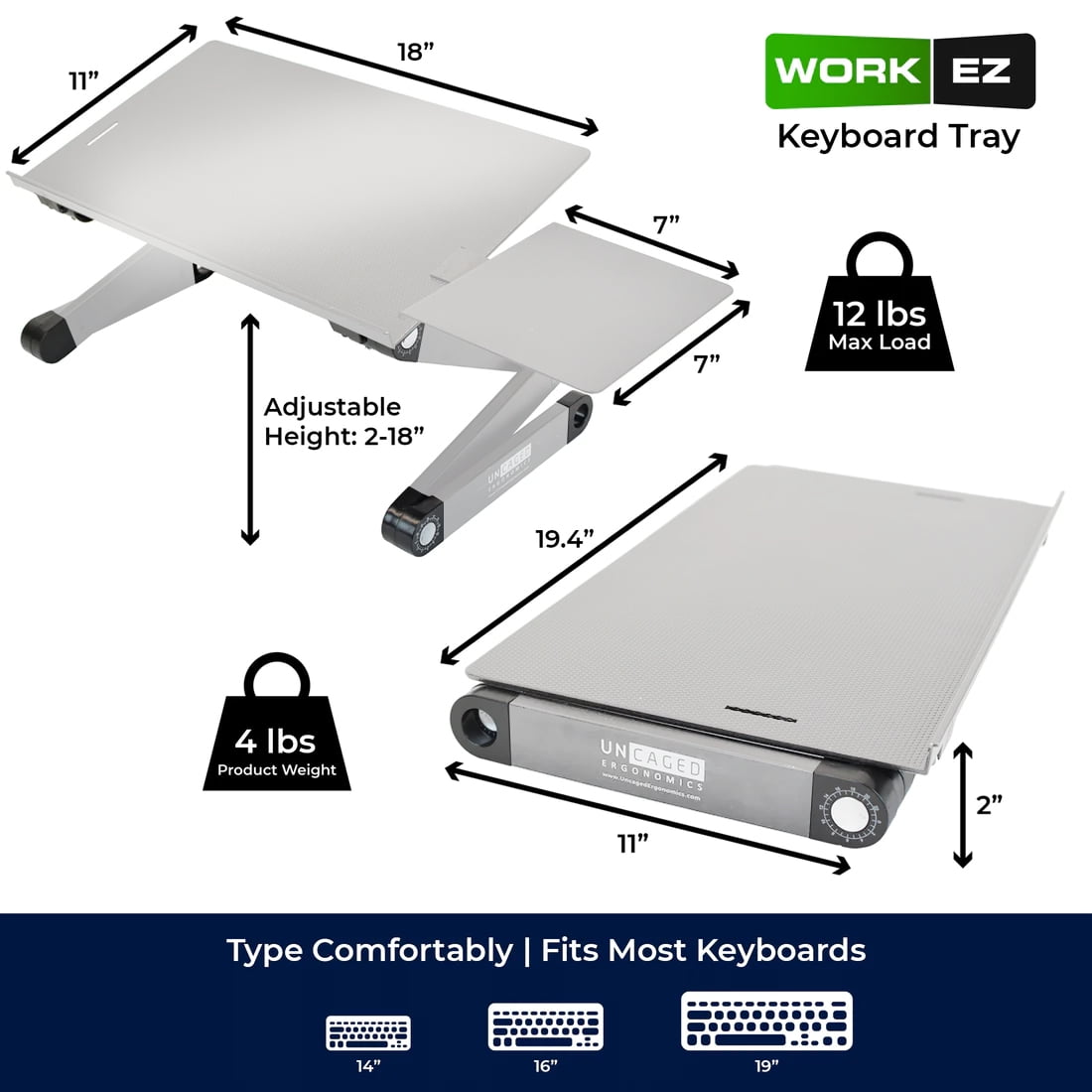 Adjustable Keyboard Stand and Mouse Tray – WorkEZ Aluminum Ergonomic Keyboard Riser for Desk or Standing Setup, Negative Tilt Keyboard Shelf for Comfortable Typing (Silver)
