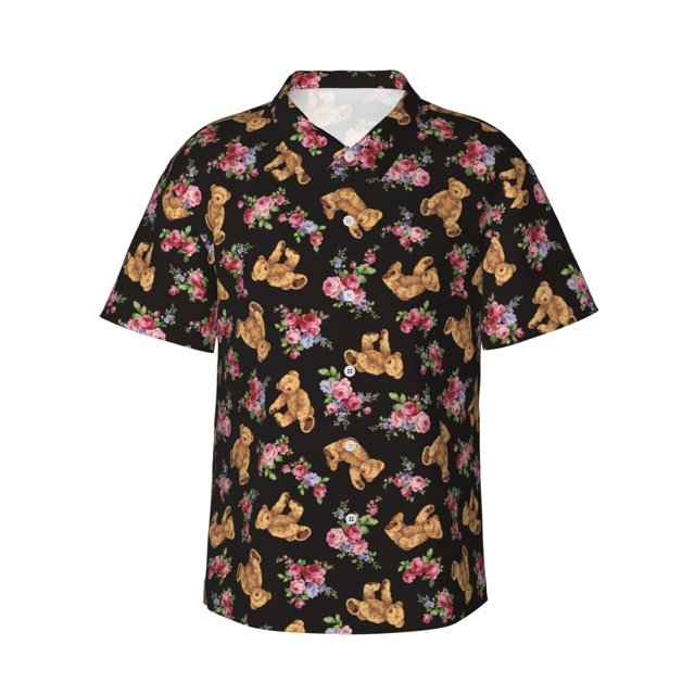 Fotbe Rose Flower Bear Camisa Hawaiana para Hombre Unisex – Camisa Casual de Verano con Botones de Manga Corta de Algodón y Lino,Medium